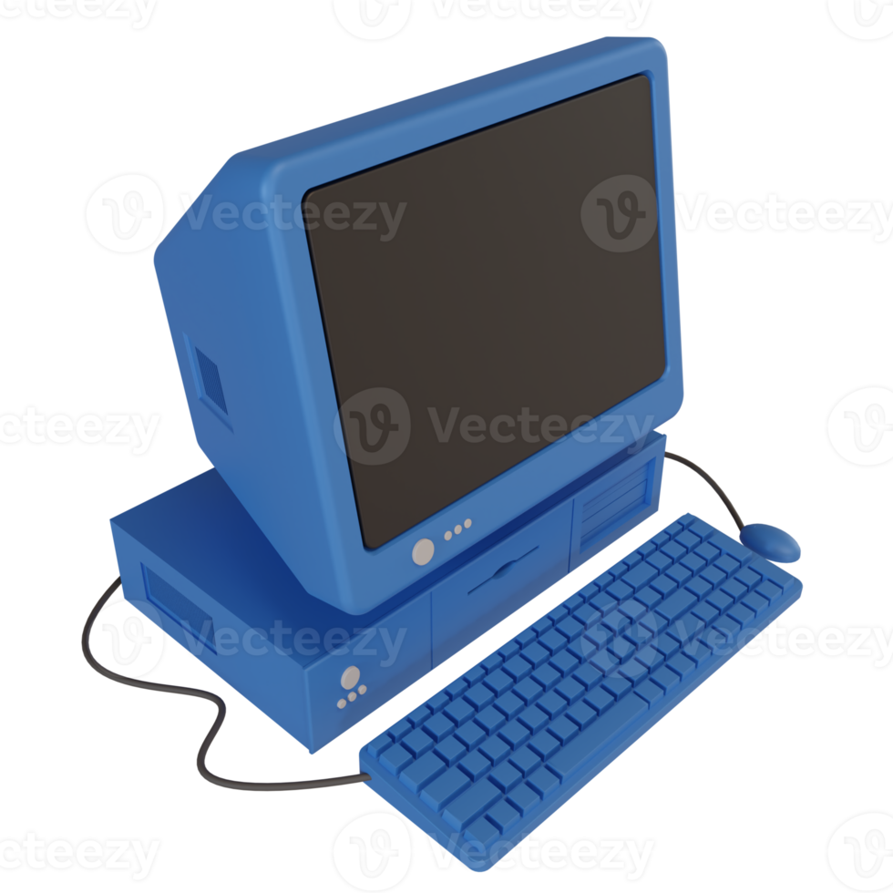 Blue old fashioned personal computer vintage style. 3d illustration png