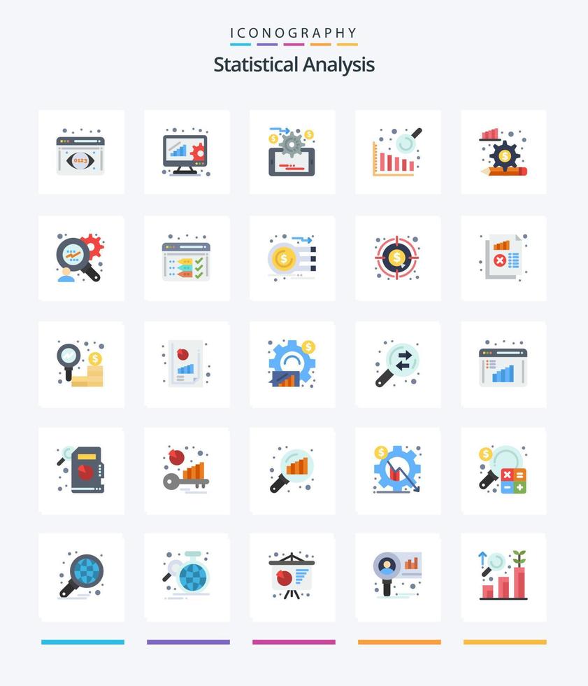 análisis estadístico creativo 25 paquete de iconos planos como análisis financiero. engranaje. gestión de datos. Finanzas. proceso de análisis vector