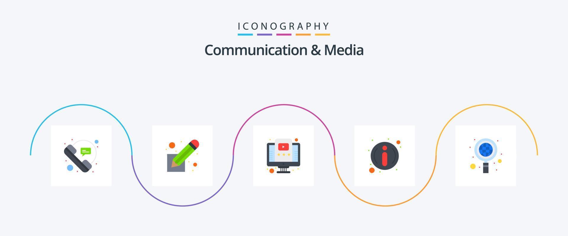 paquete de iconos planos de comunicación y medios 5 que incluye global. información. guion. información tutorial vector