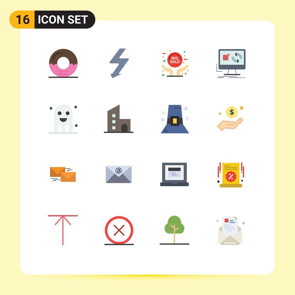 Flat Color Pack of 16 Universal Symbols of celebration install big sale application update Editable Pack of Creative Vector Design Elements