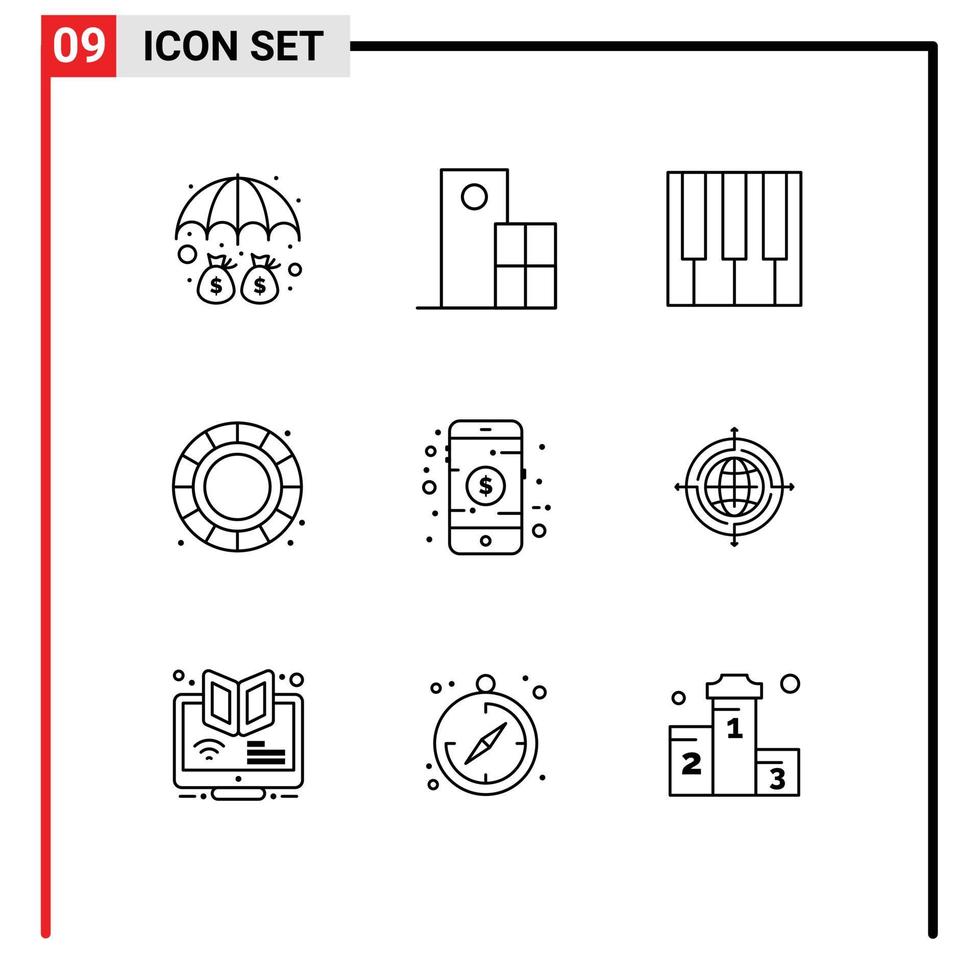Editable Vector Line Pack of 9 Simple Outlines of mobile creative structure color wheel piano Editable Vector Design Elements