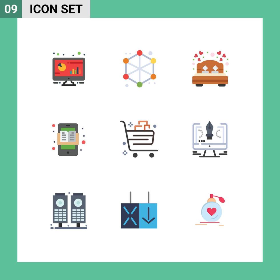 9 iconos creativos, signos y símbolos modernos de aprendizaje, aplicaciones de aprendizaje, aplicaciones de educación web, amor, reposo en cama, elementos de diseño vectorial editables. vector