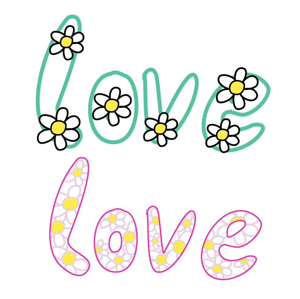 conjunto de 2 dibujos de línea de amor de garabato con alfabetos de flores de margarita para el vector de San Valentín