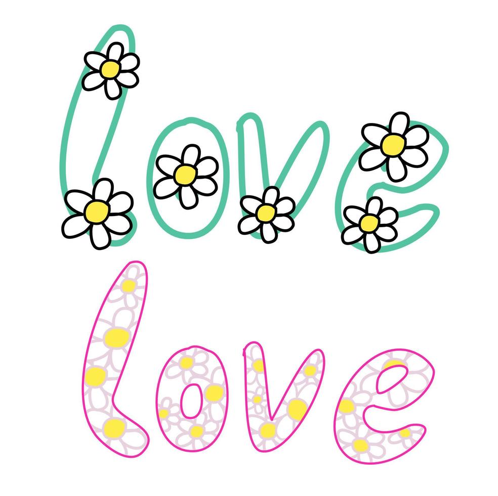 Set of 2 Doodle love line drawing with daisy flowers alphabets for valentine vector