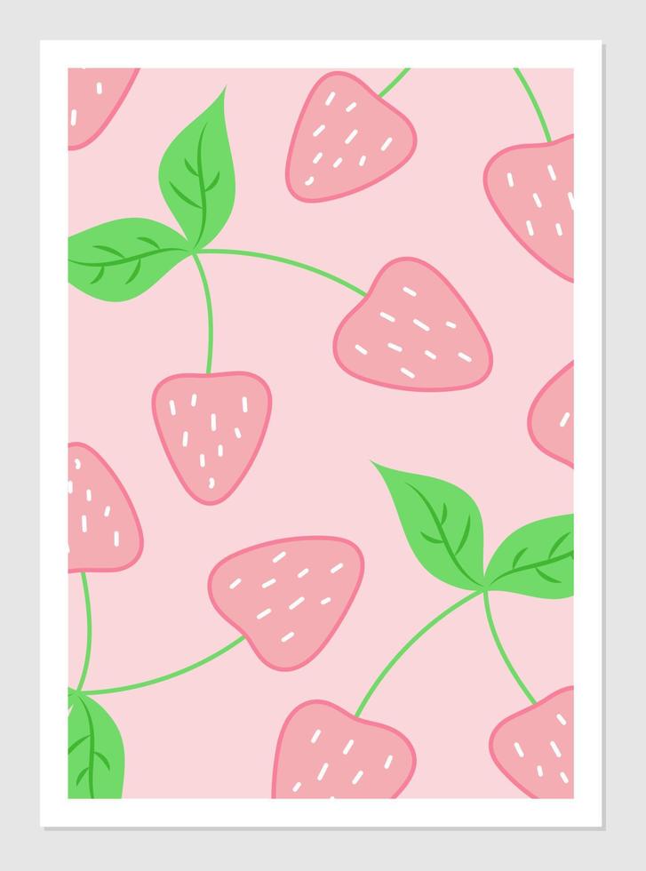 Poster with strawberries. Vector illustration of pink berries and twig with green leaves. Interior design. Summer strawberry background.