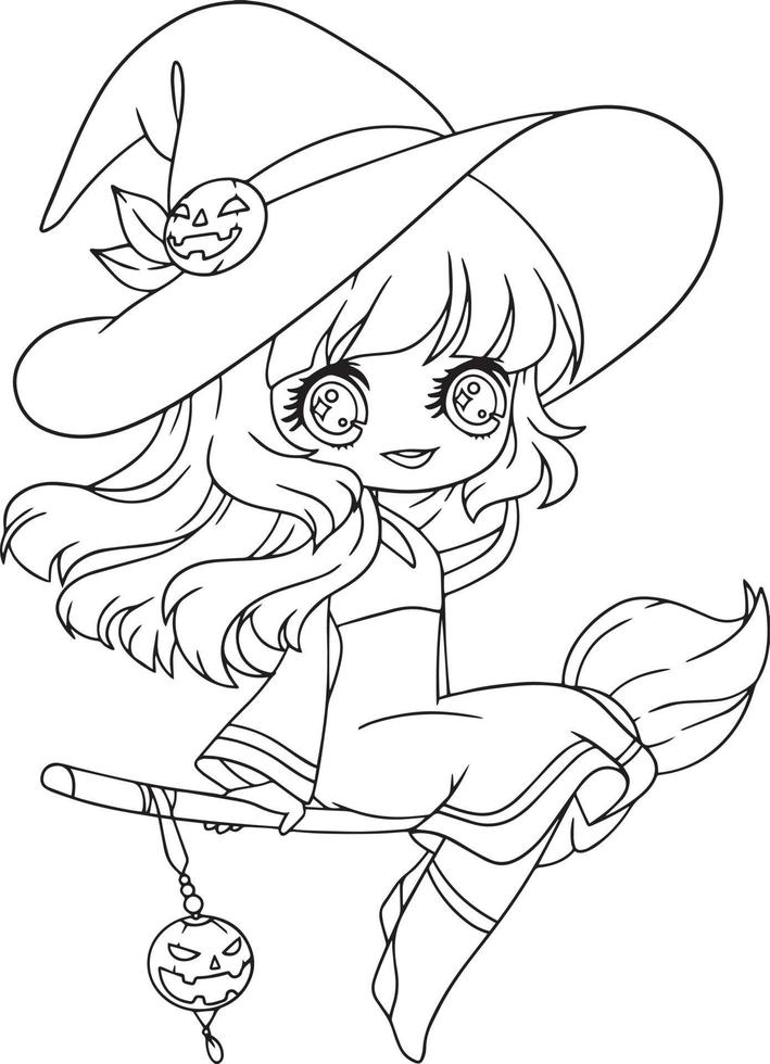 Witch Anime Girl Outline Drawing vector