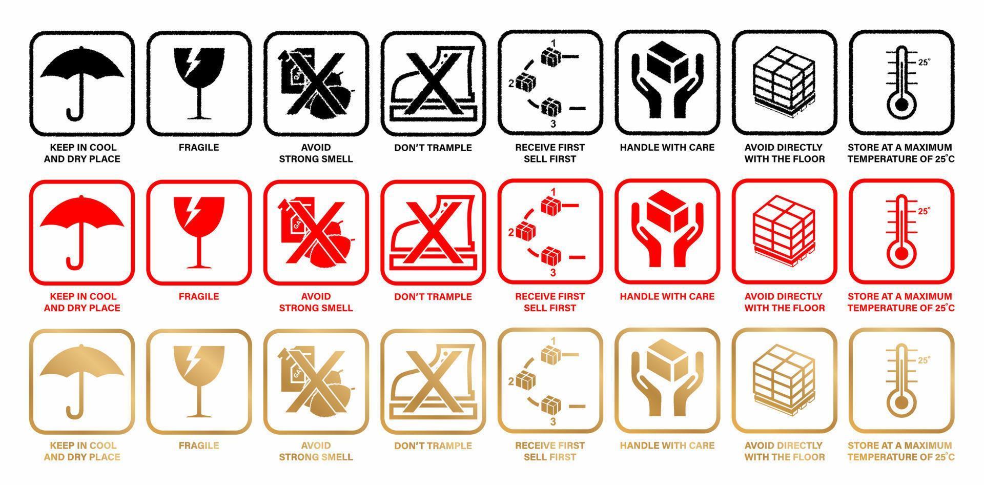 illustration a eight or 8 icons conceptual Fragile types of words set with three or 3 colors for warning handle with care logistics, delivery shipping labels, container, box, cargo, advertisement sign vector