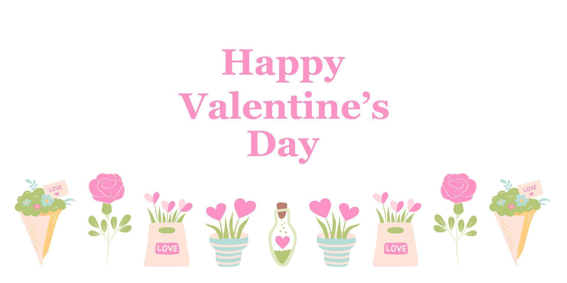 Happy Valentine's Day horizontal banner with flowers. Valentines Day Card. Vector illustration