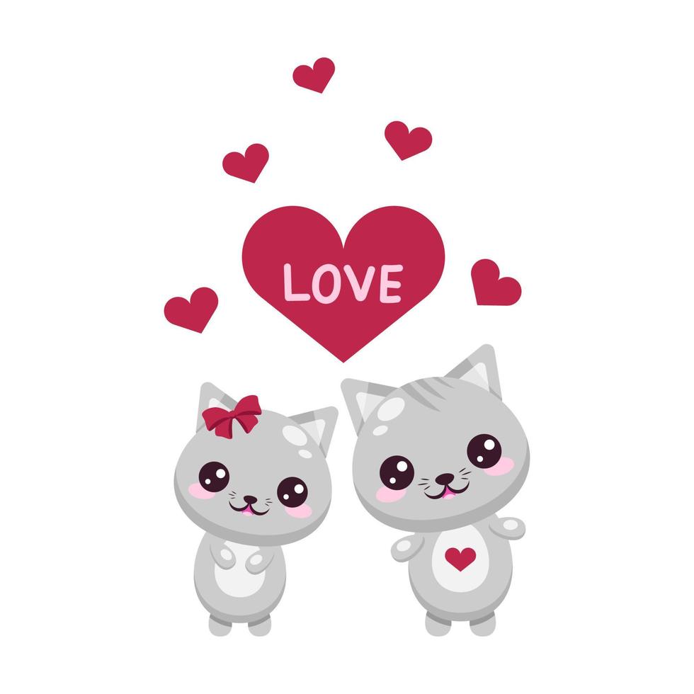 Cute couple of kittens in love. Valentines Day Card. Vector illustration