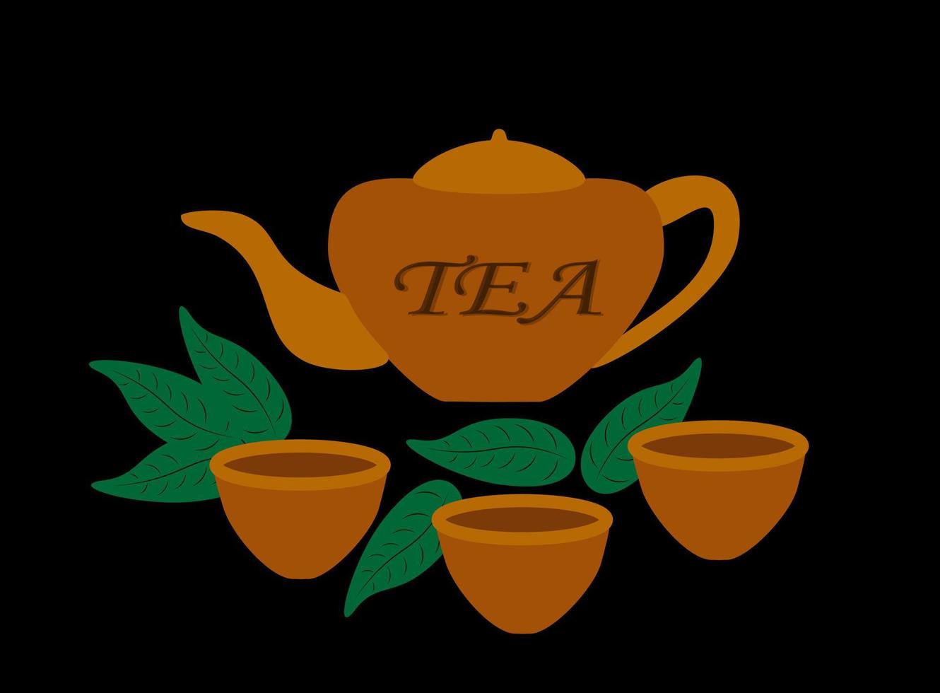 tetera y taza de té sobre fondo negro vector