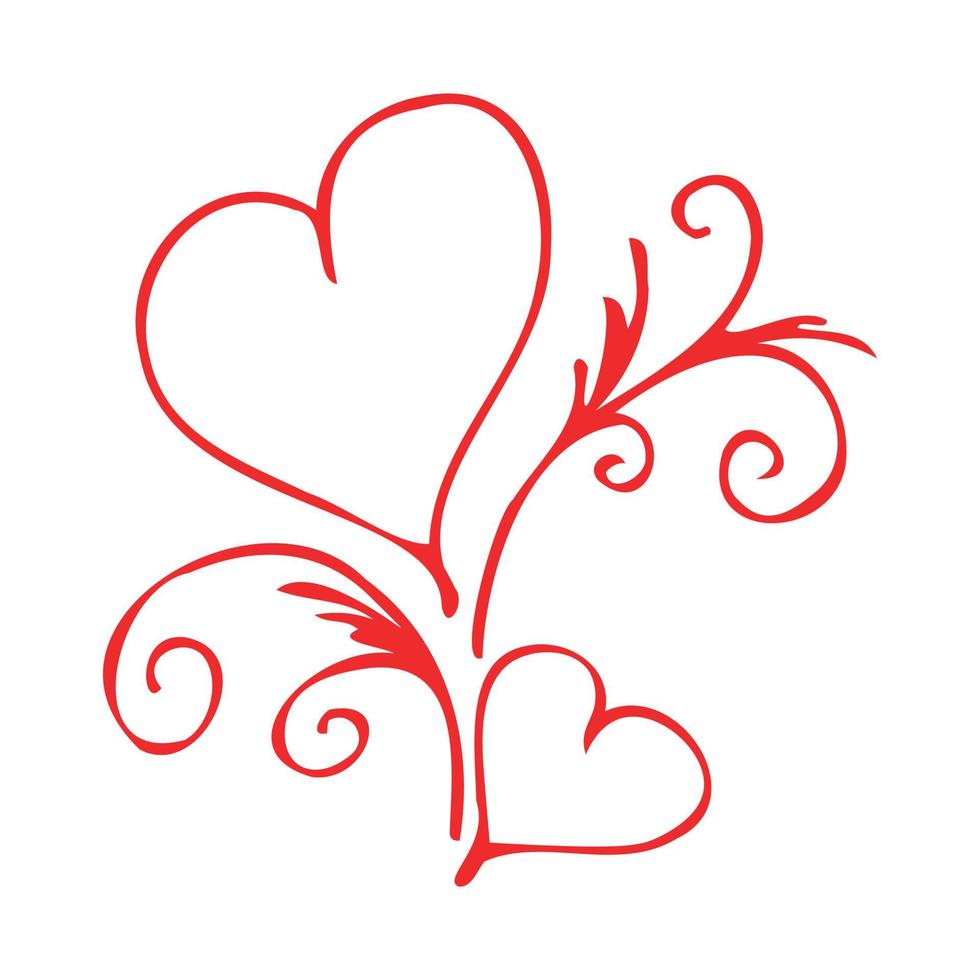 Couple of red outlined hearts on white background. Doodle sketch for the Valentine day, wedding and romantic love drawings. Isolated on white background vector