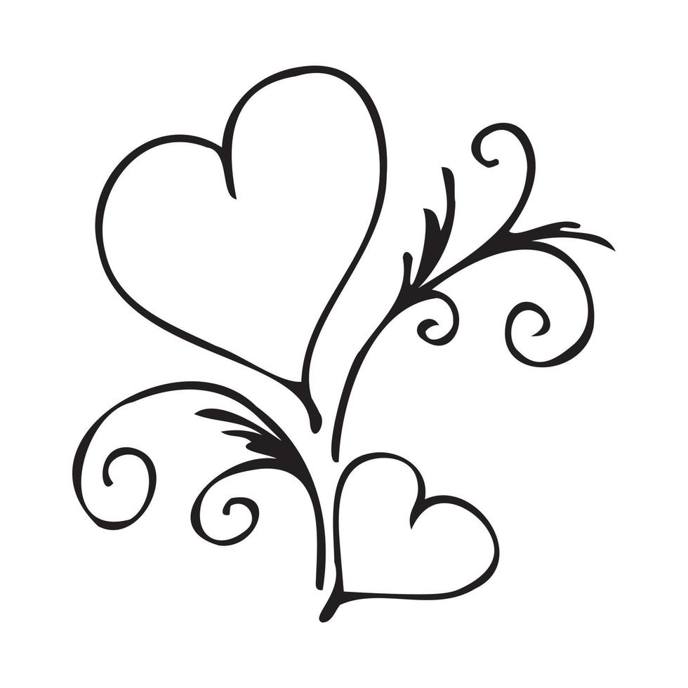 un par de corazones delineados en negro sobre fondo blanco. boceto de garabatos para el día de san valentín, bodas y dibujos de amor romántico. aislado sobre fondo blanco vector