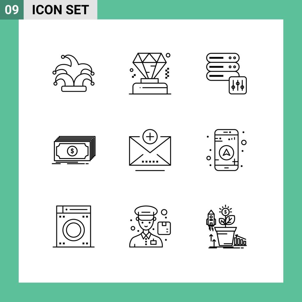 9 Outline concept for Websites Mobile and Apps email add security money finance Editable Vector Design Elements