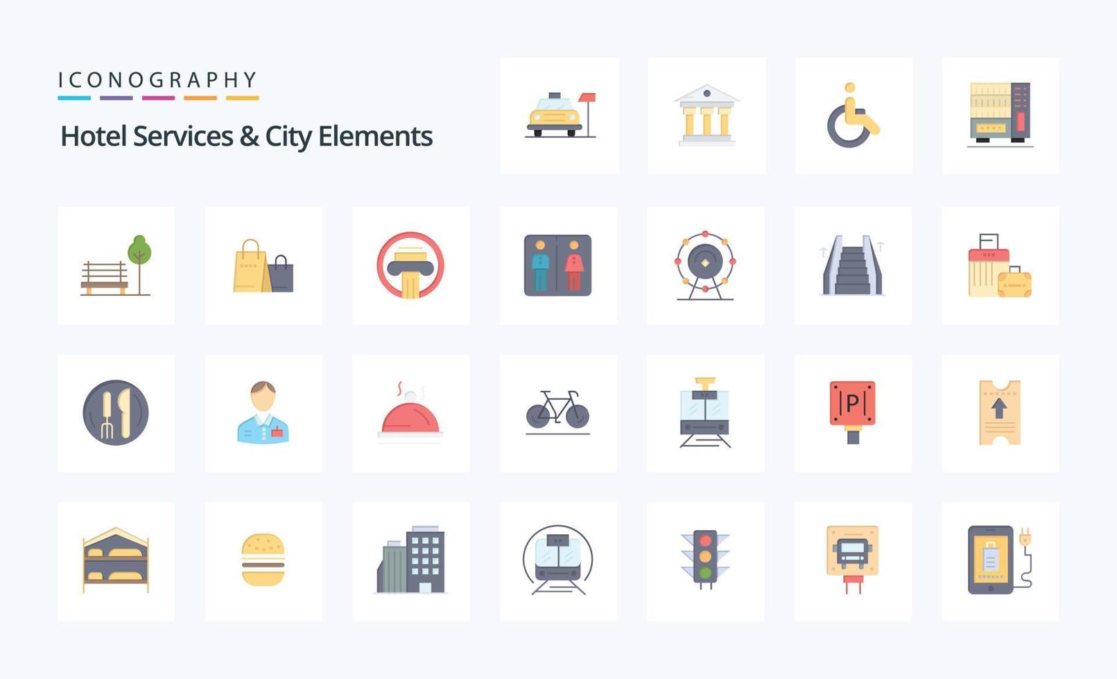 paquete de iconos de color plano de 25 servicios de hotel y elementos de la ciudad vector