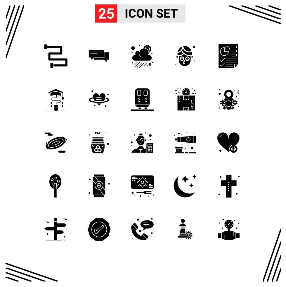 Pack of 25 Modern Solid Glyphs Signs and Symbols for Web Print Media such as data facial social cucumber sun Editable Vector Design Elements