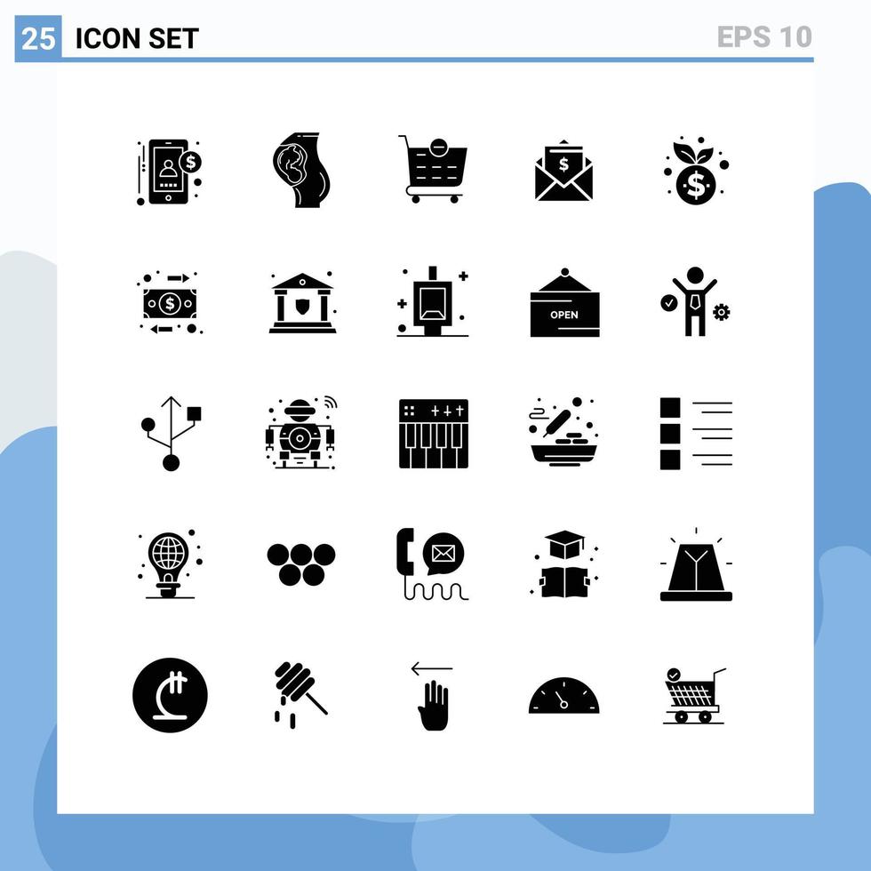 Mobile Interface Solid Glyph Set of 25 Pictograms of management mail mother dollar letter Editable Vector Design Elements