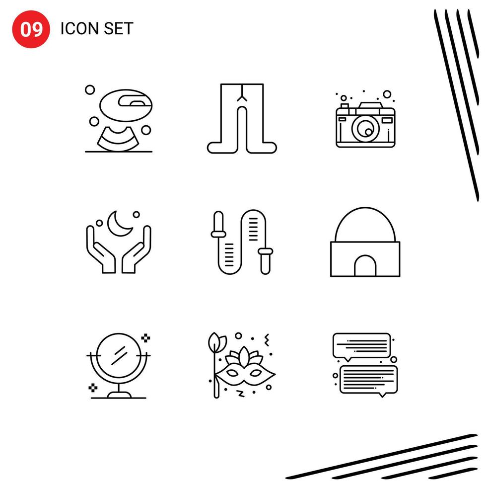 Mobile Interface Outline Set of 9 Pictograms of fitness jumping picture eid moon Editable Vector Design Elements