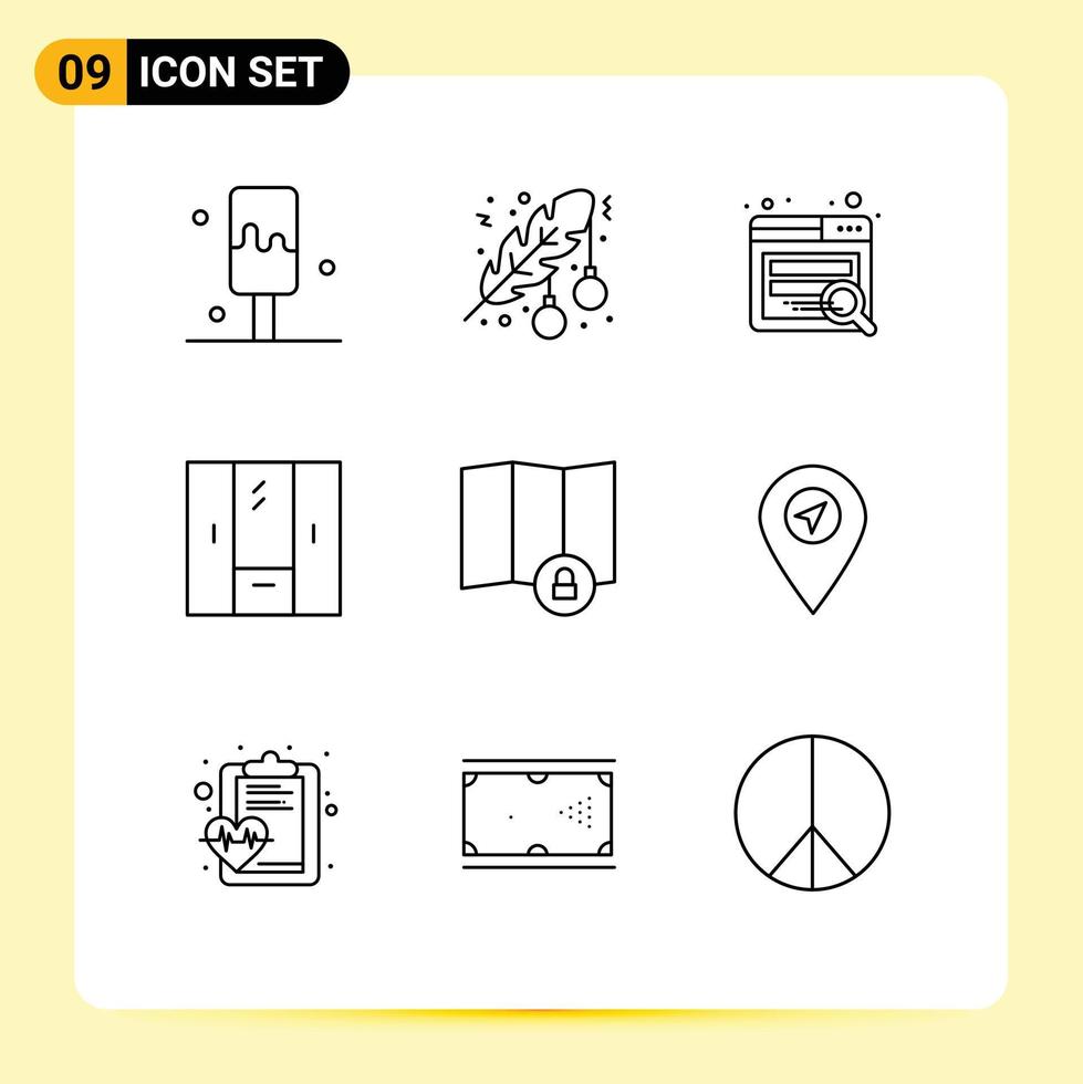 Modern Set of 9 Outlines and symbols such as lock wardrobe search interior cupboard Editable Vector Design Elements