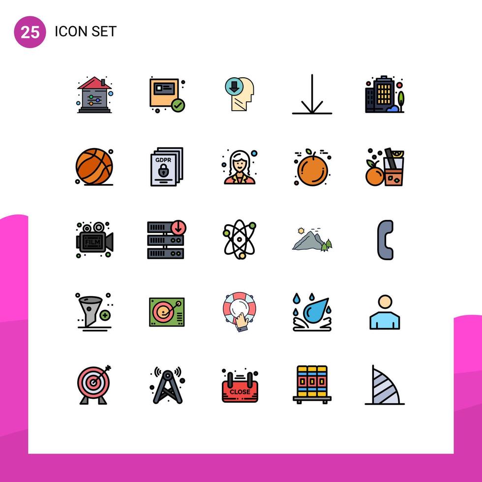 Mobile Interface Filled line Flat Color Set of 25 Pictograms of enterprise down shopping arrow knowledge Editable Vector Design Elements