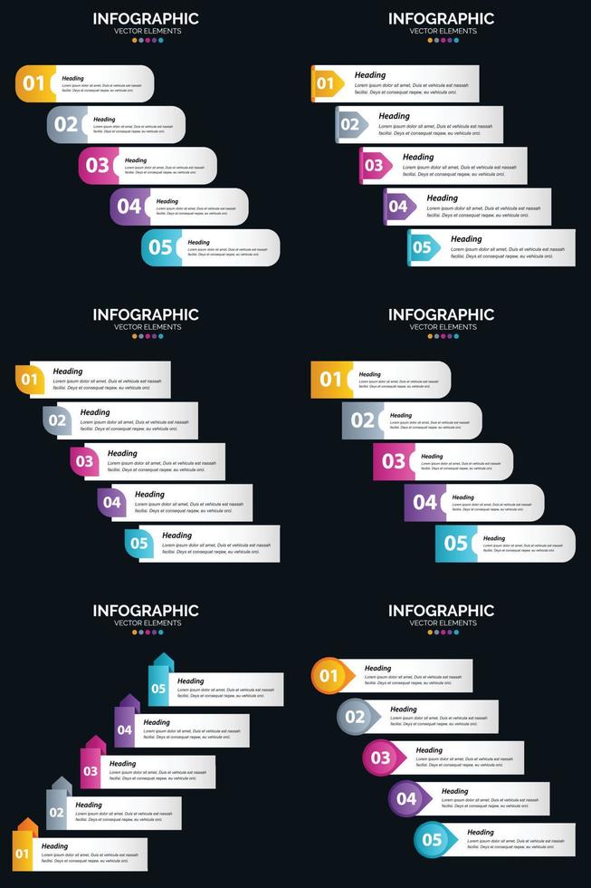 plantilla de diapositiva de presentación del paquete de infografías vectoriales 6 diagramas de ciclo de 5 pasos y líneas de tiempo vector