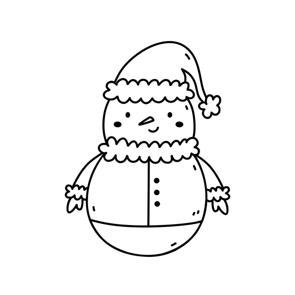 Cute snowman in a Christmas costume isolated on white background. Vector hand-drawn illustration in doodle style. Kawaii character. Perfect for cards, decorations, logo and holiday designs.