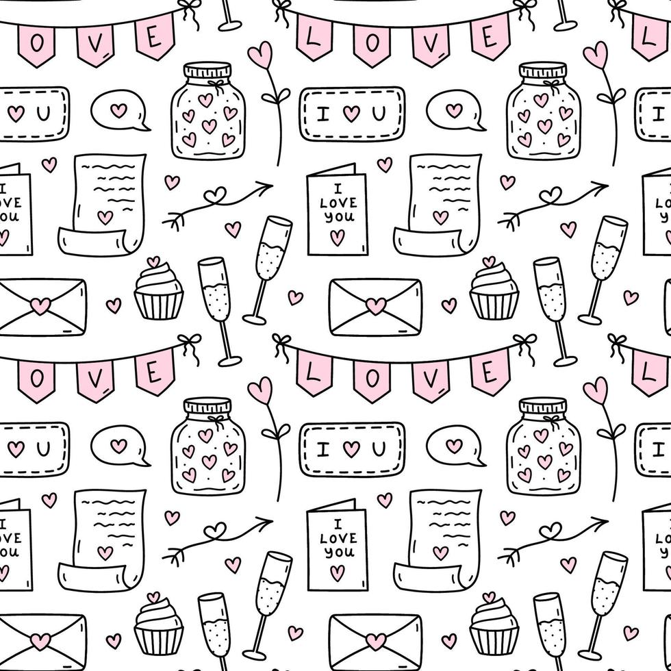 Cute seamless pattern for Valentine's Day with hearts, glasses of champagne, love letters and envelopes. Vector hand-drawn doodle illustration. Perfect for holiday designs, print, decoration, wrapping