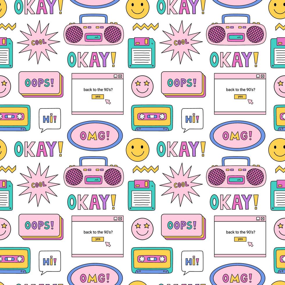 Bright seamless pattern with items from the nineties - retro cassette tape and music boombox, floppy disk, smile, speech bubbles and stars on white background. Nostalgia for the 1990s. Funny print. vector