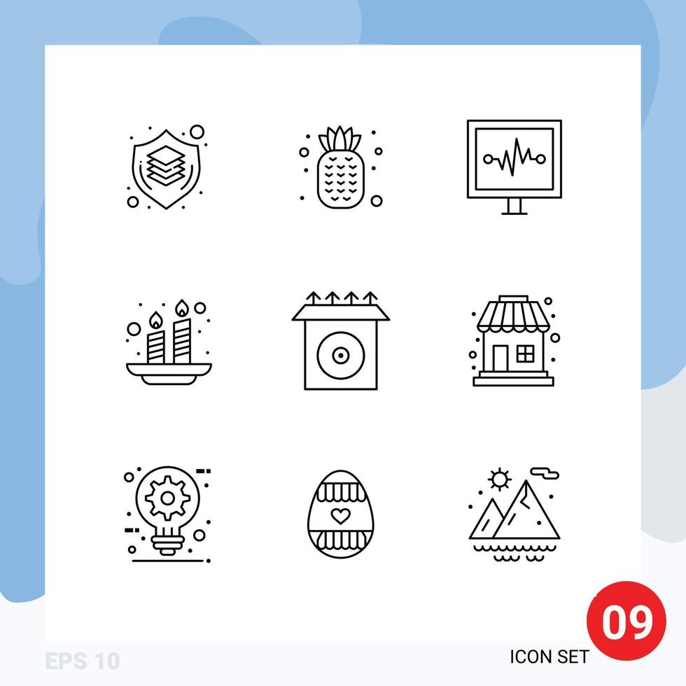 paquete de 9 signos y símbolos de contornos modernos para medios de impresión web, como instalar velas indias de latidos ligeros, elementos de diseño de vectores editables