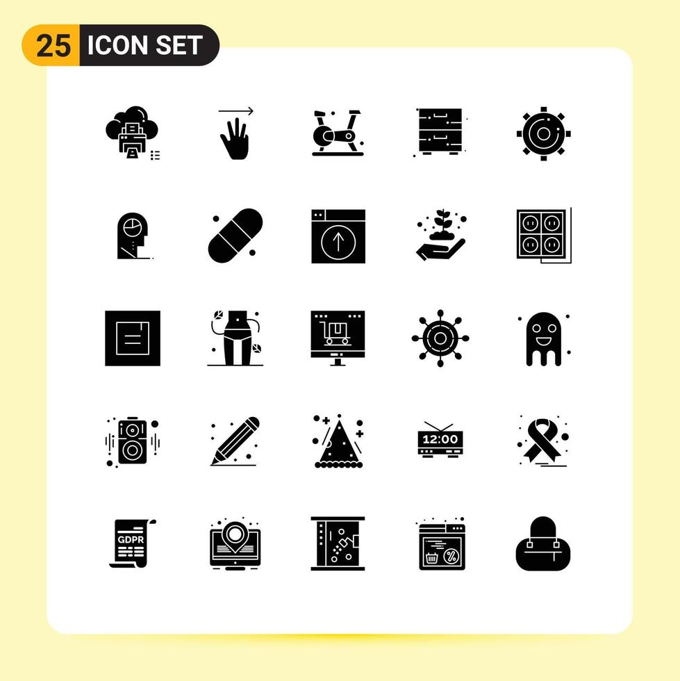 User Interface Pack of 25 Basic Solid Glyphs of engine drawer right cupboard gym Editable Vector Design Elements
