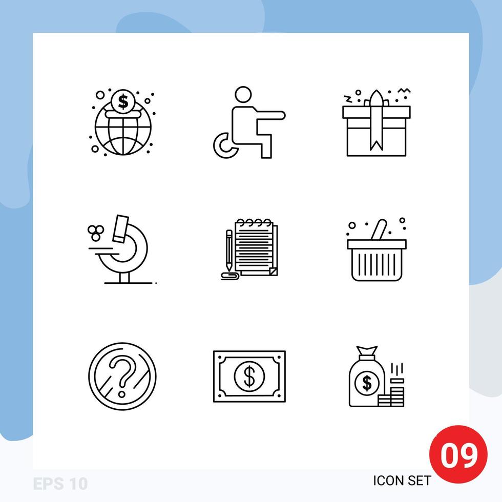 User Interface Pack of 9 Basic Outlines of notebook science gift microscope birthday Editable Vector Design Elements