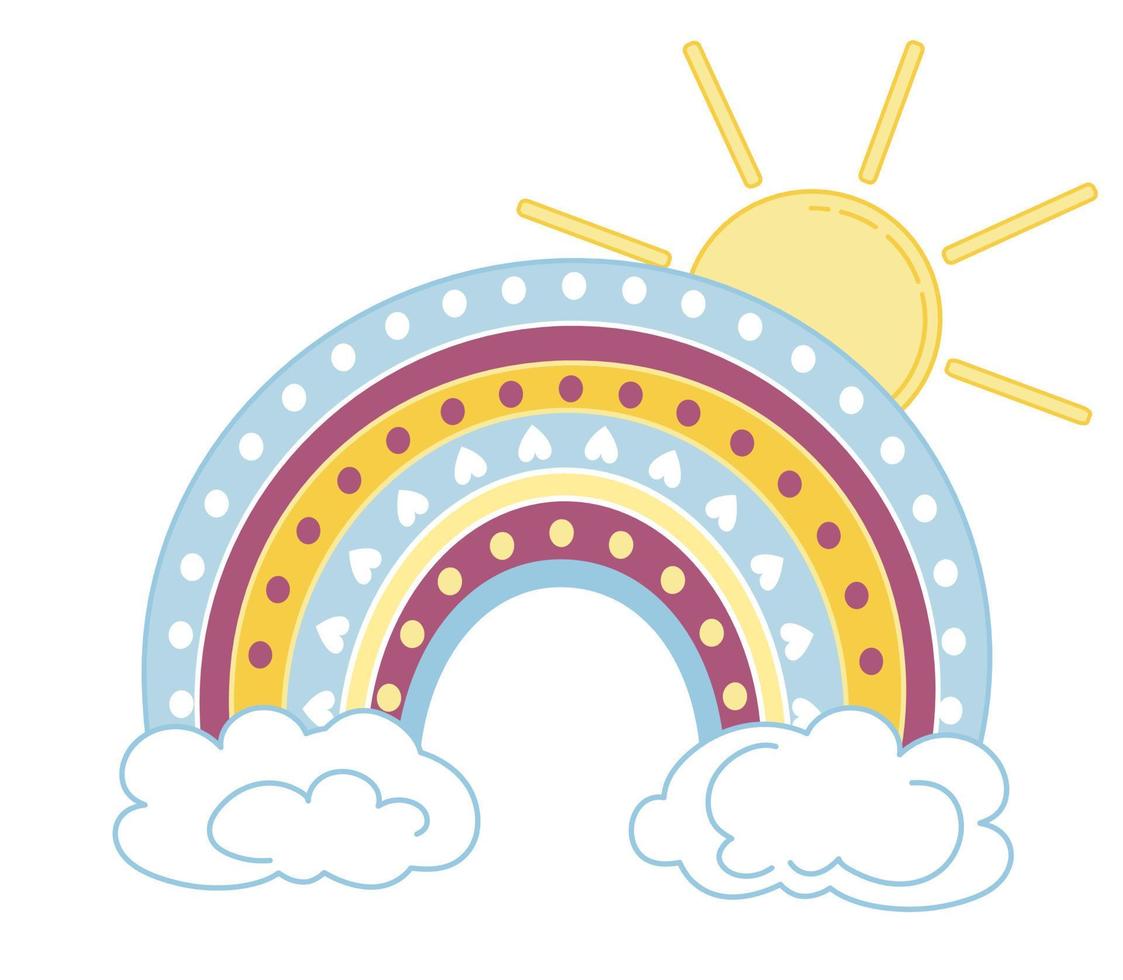 Children's illustration in pastel colors of rainbow, clouds and sun vector