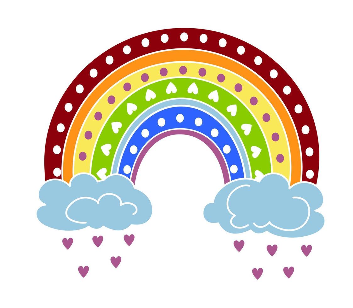 Cartoon multi-colored rainbow and clouds from which hearts drip. baby vector illustration