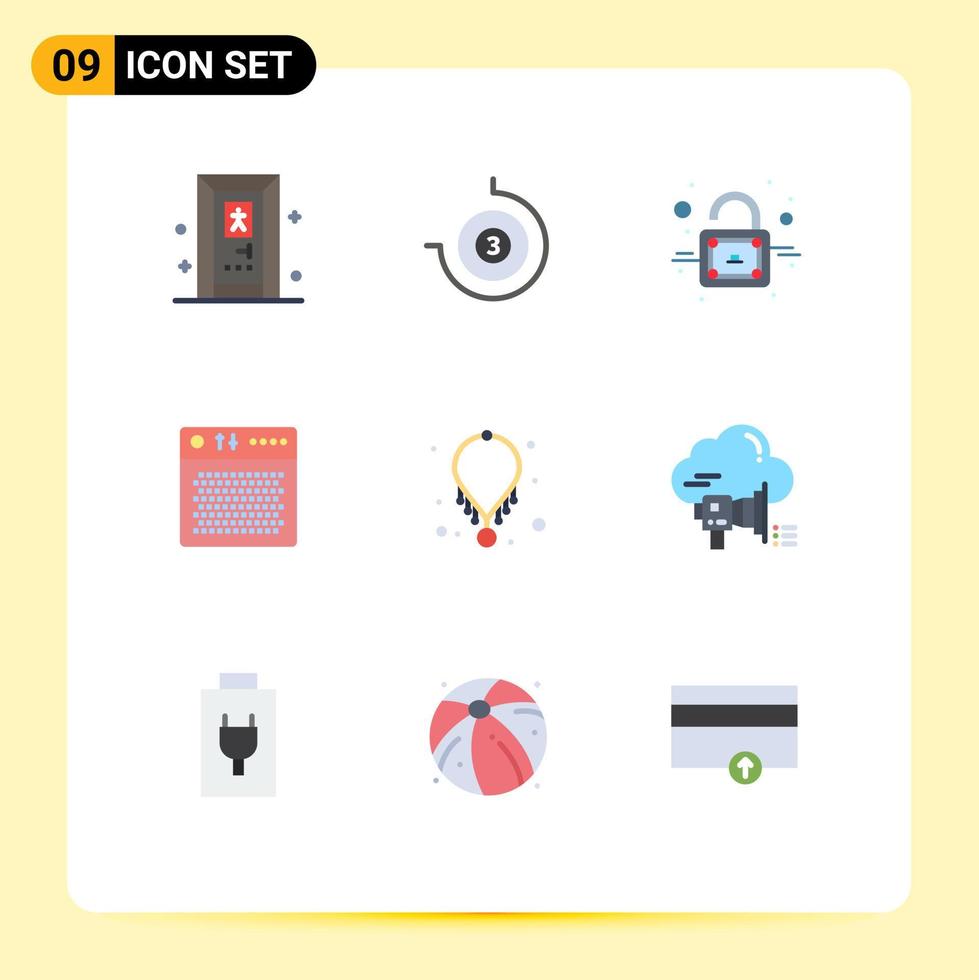 Modern Set of 9 Flat Colors Pictograph of necklace fashion unlock accessories multimedia Editable Vector Design Elements