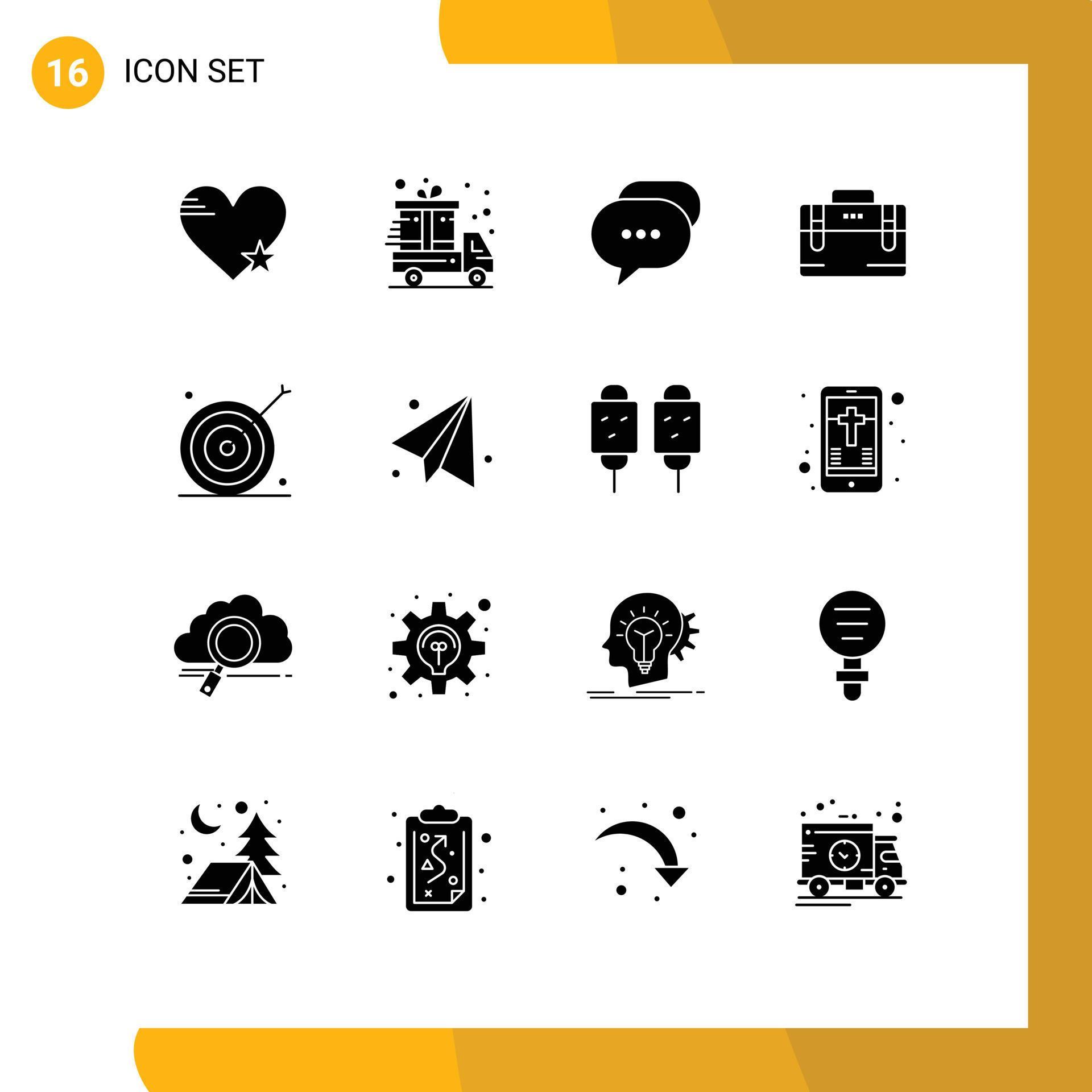 Pack of 16 creative Solid Glyphs of aim motivation chat working bag Pack of 16 creative Solid Glyphs of aim motivation chat working bag