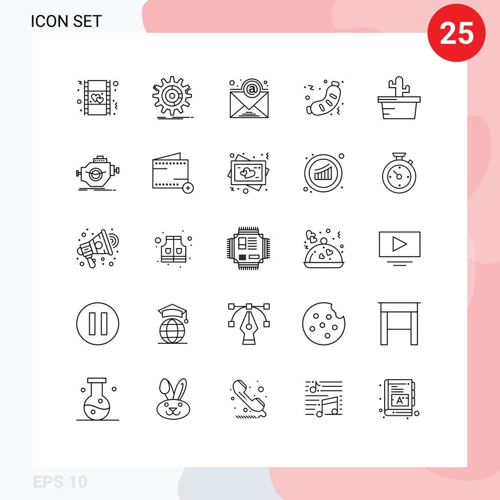Editable Vector Line Pack of 25 Simple Lines of cactus junk progress food barbecue Editable Vector Design Elements