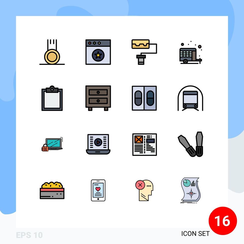 Universal Icon Symbols Group of 16 Modern Flat Color Filled Lines of drawer task roller clipboard spring Editable Creative Vector Design Elements