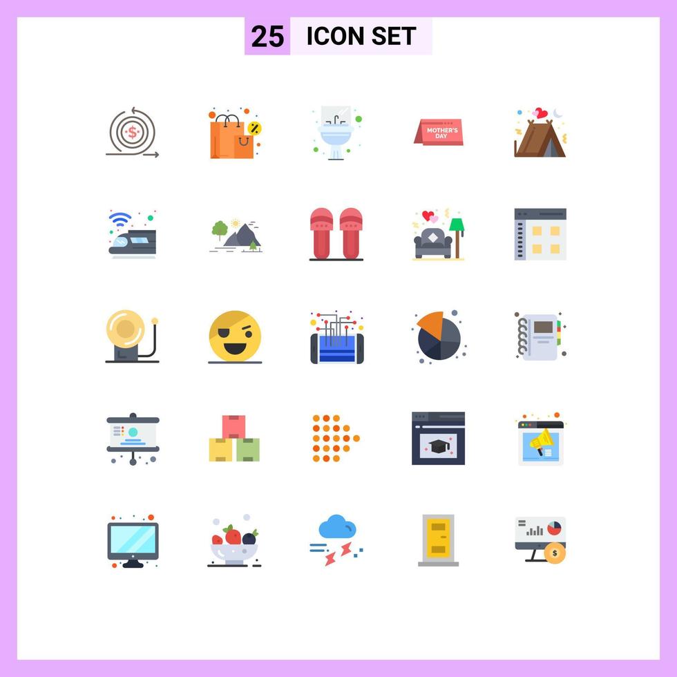 paquete de 25 signos y símbolos de colores planos modernos para medios de impresión web, como elementos de diseño de vectores editables de espejo del día de impuestos de la fecha de acampada