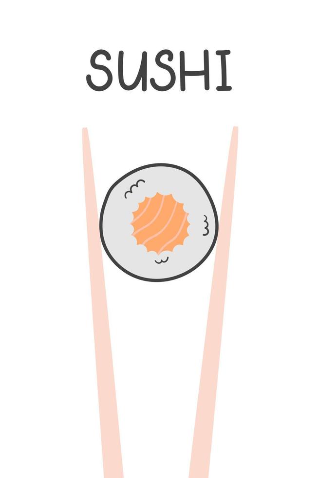 Japanese sushi roll with salmon in chopsticks. Vector illustration in doodle flat style