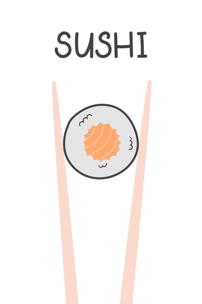 Japanese sushi roll with salmon in chopsticks. Vector illustration in doodle flat style