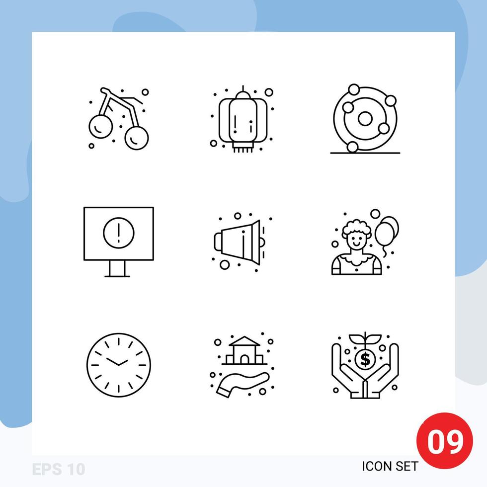 Group of 9 Outlines Signs and Symbols for volume audio atom warning computer Editable Vector Design Elements