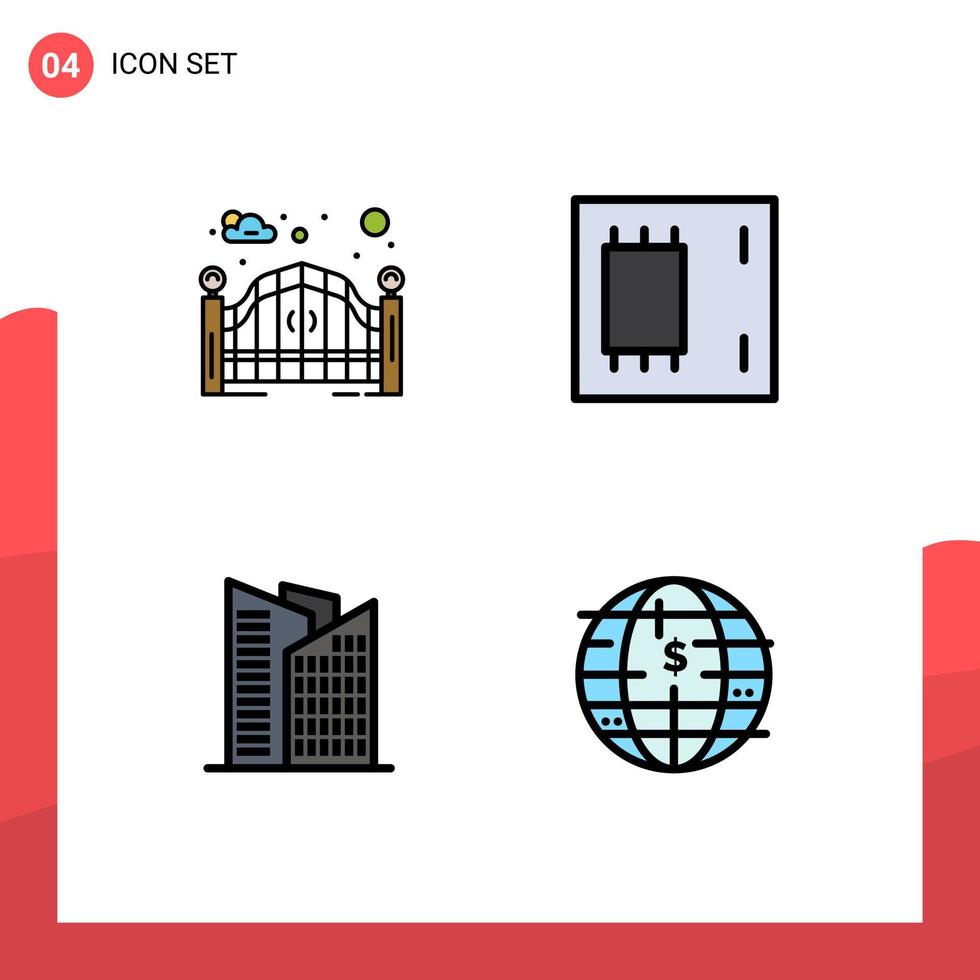 4 concepto de color plano de línea completa para sitios web móviles y aplicaciones construcción de jardines puerta de la calle electrónica rascacielos elementos de diseño vectorial editables vector