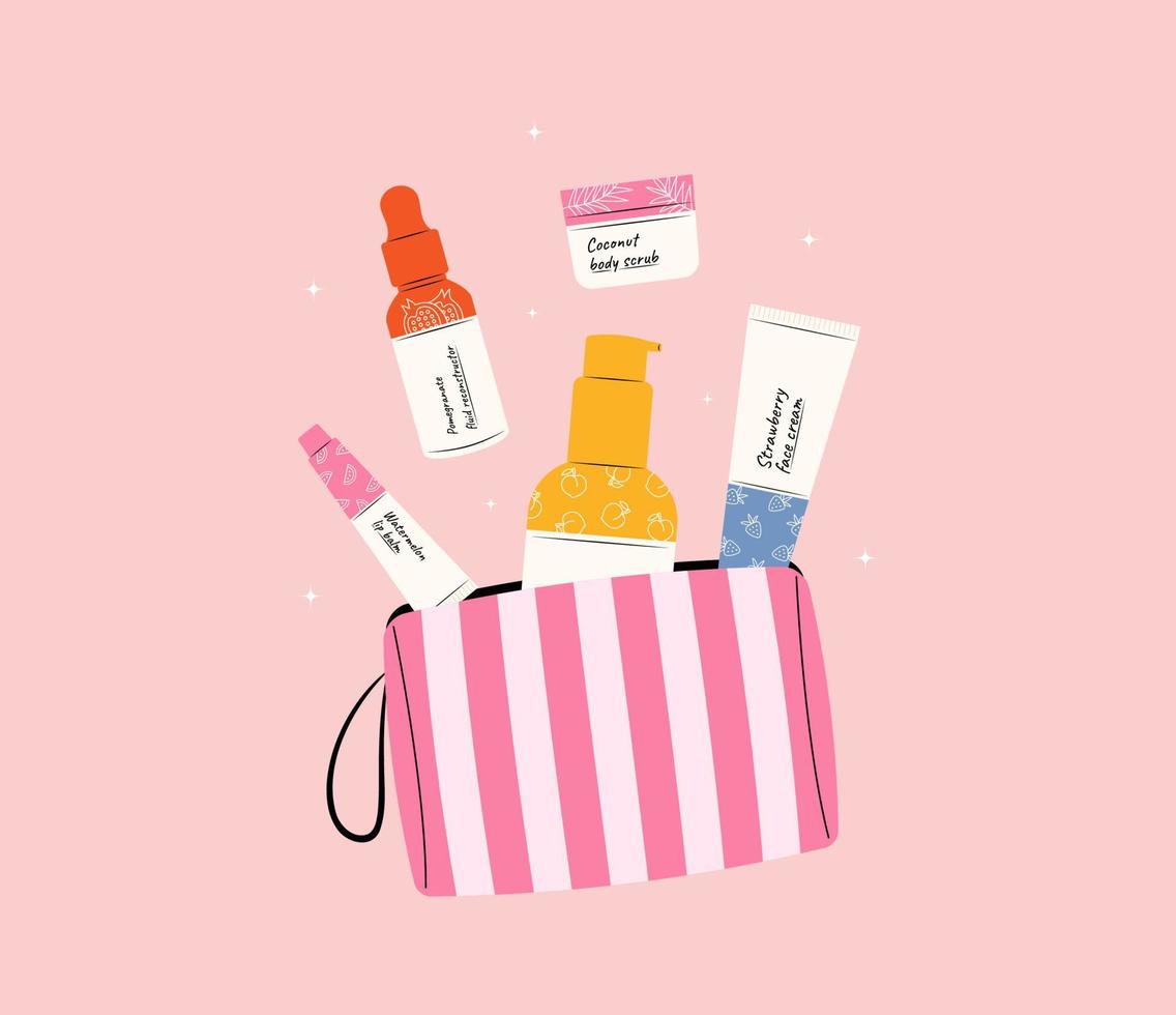 Skincare in cosmetics bag vector