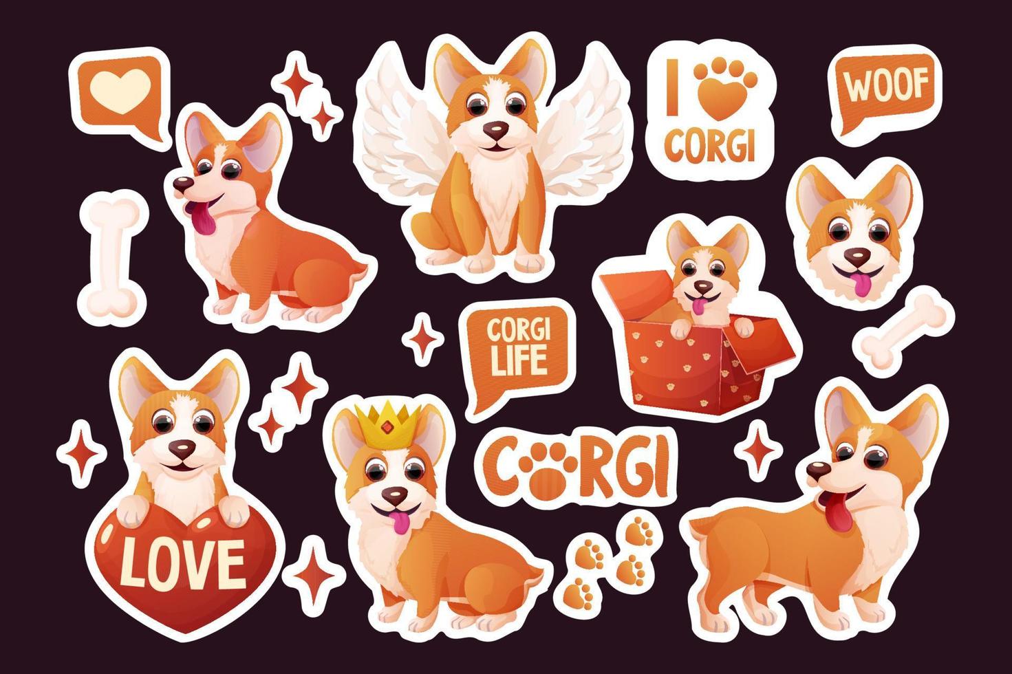 Set corgi dog stickers with crown, wings, sitting, adorable pet, activities in cartoon style isolated on background. Comic emotional character, funny pose. Vector illustration