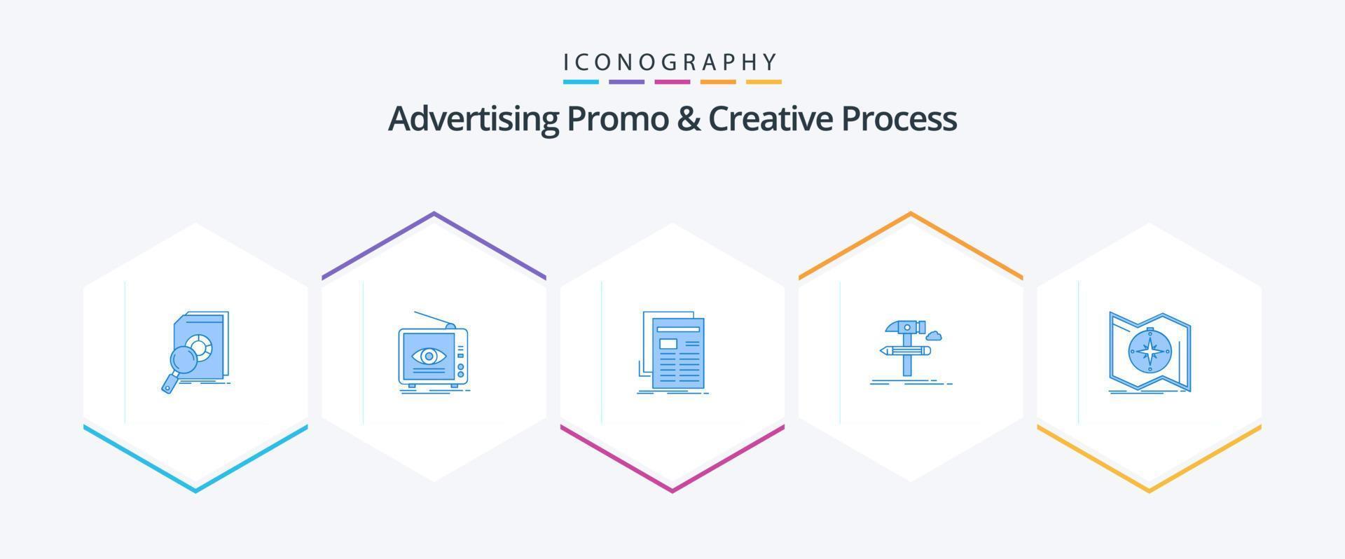 Advertising Promo And Creative Process 25 Blue icon pack including develop. build. television. newspaper. news vector