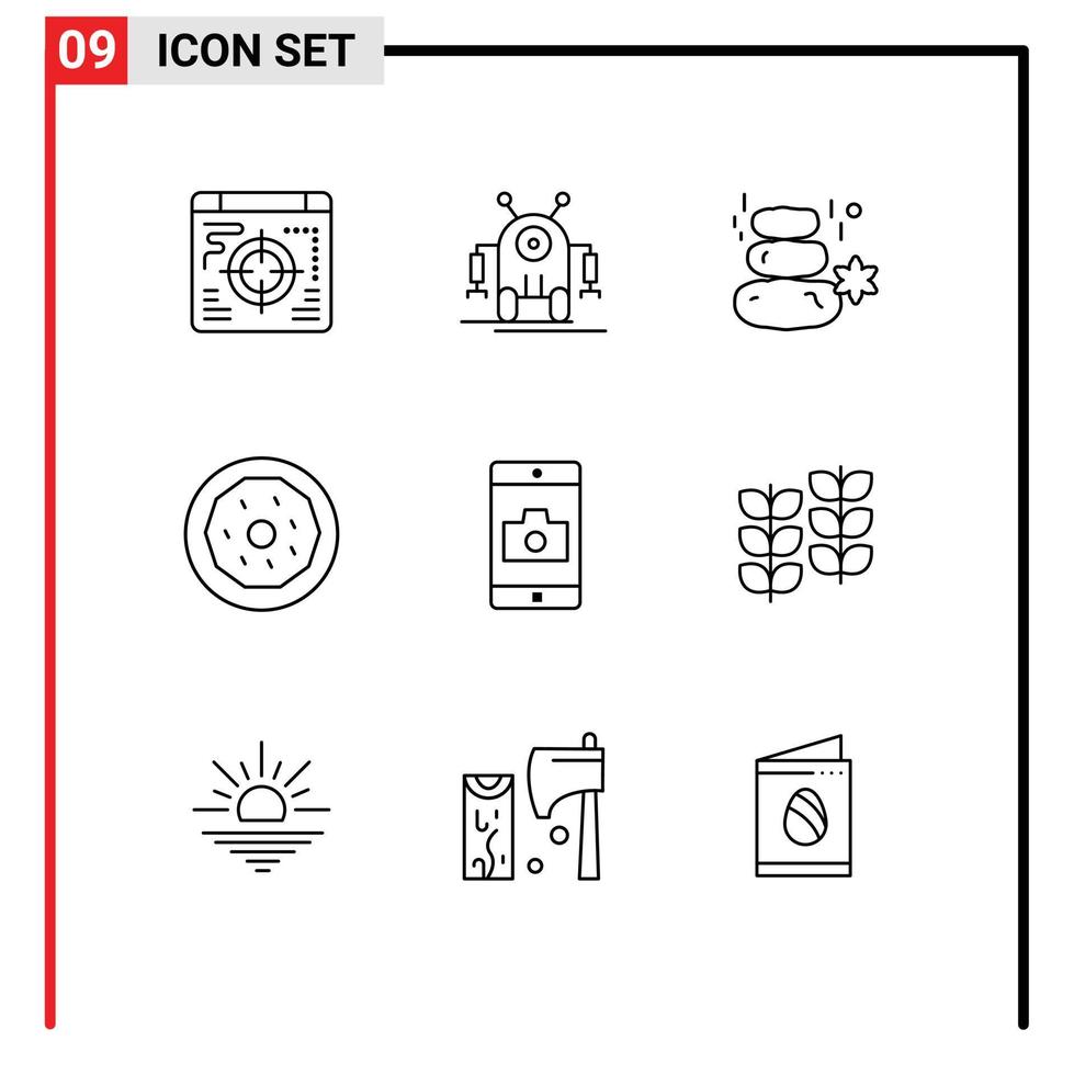 Pictogram Set of 9 Simple Outlines of mobile snack rock food dessert Editable Vector Design Elements