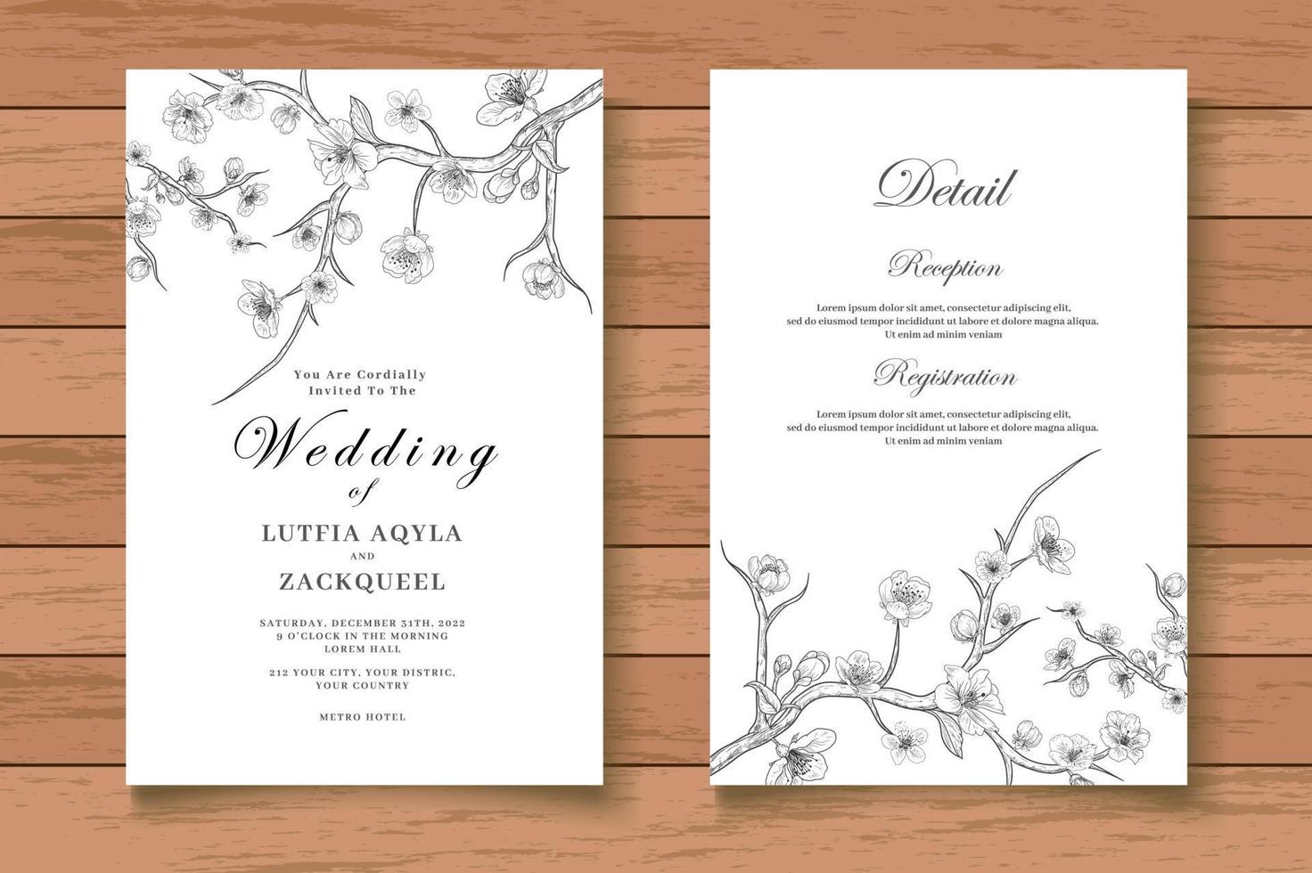 Elegant Hand Drawing Floral Wedding Invitation Card vector