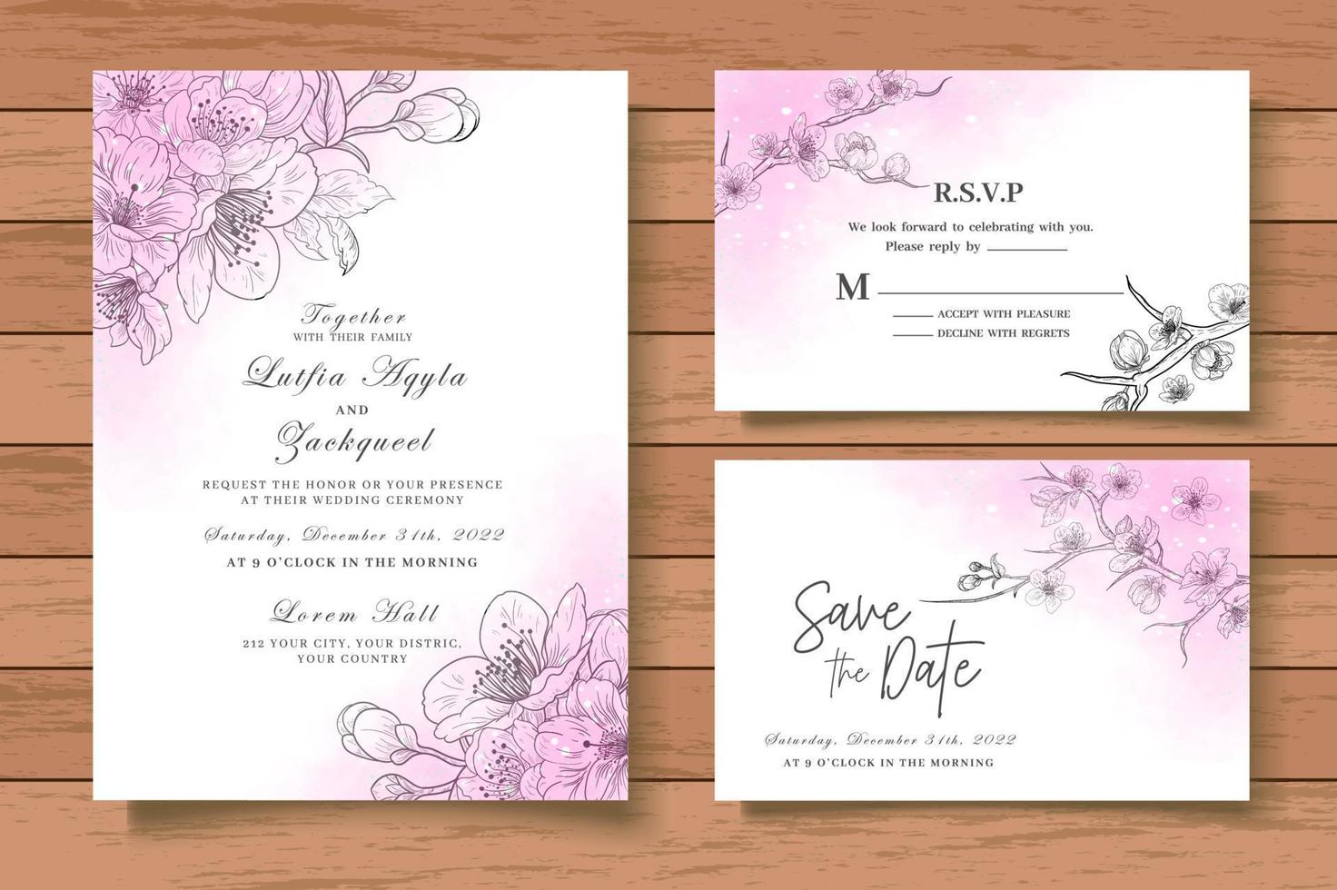 conjunto de tarjeta de invitación de boda floral hermosa acuarela vector