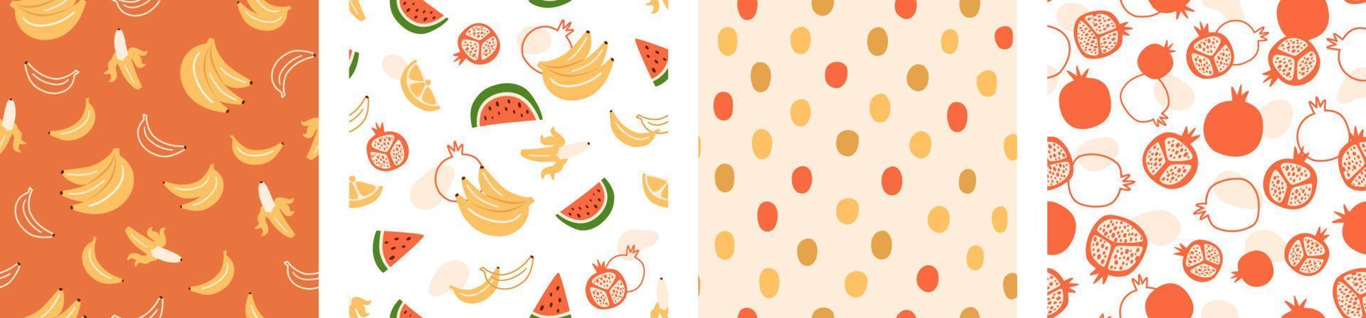 Fruits pattern set. Exotic summer fruits background. Pomegranate, banana, lemon, watermelon, polka dot shapes seamless pattern set. Tropic design for paper, cover, fabric print. Vector illustration.