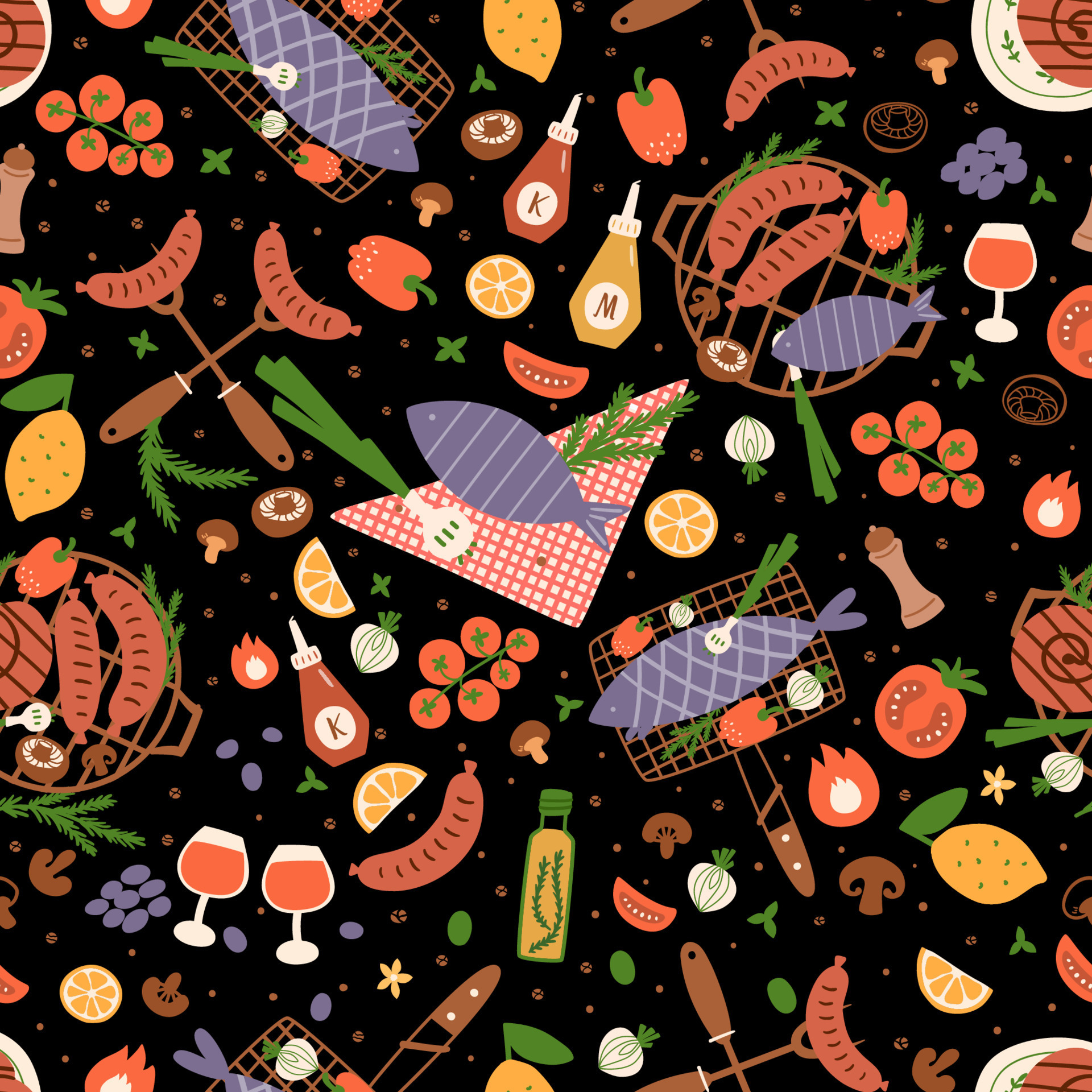 BBQ party seamless pattern. BBQ party food repeat background. Summer picnic  wallpaper with barbecue grill, roasted sausages, tomatoes vegetable grilled  fish. Cartoon picnic food vector illustration. 17201438 Vector Art at  Vecteezy