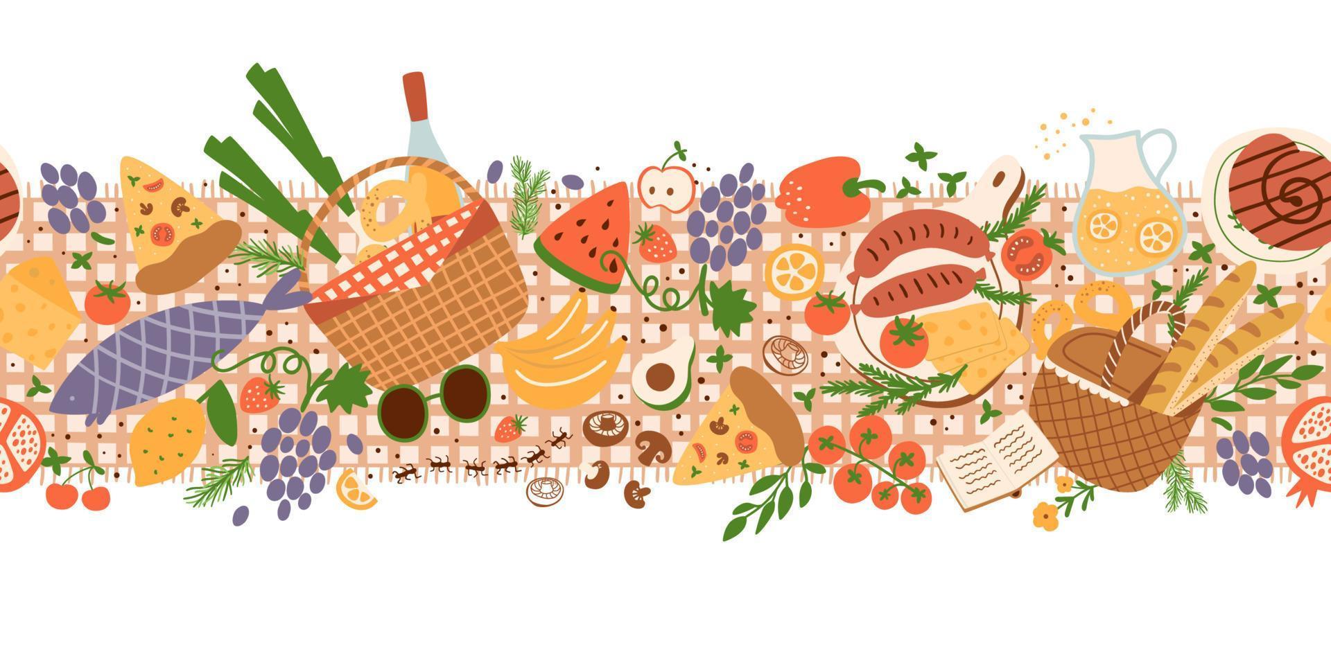 Picnic party seamless border. Summer picnic season food. Cute picnic food seamless background with baskets, roasted sausages, tomatoes, vegetables, fruits. Hand drawn summer food vector illustration.